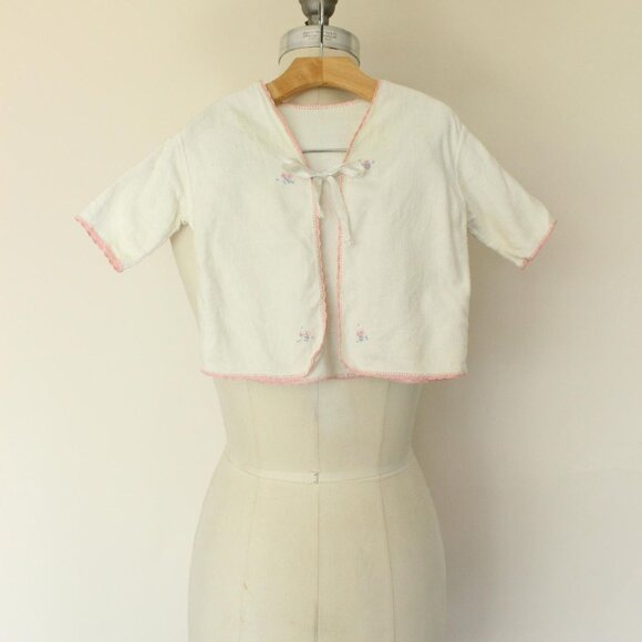 Vintage 1950s Baby Jacket With Floral Embroidery, Infant Girls Cotton Flannel - Picture 1 of 9